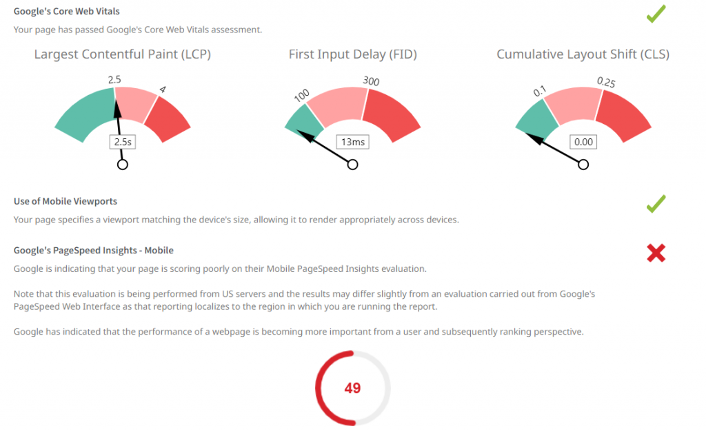 punteggio dei core web vitals